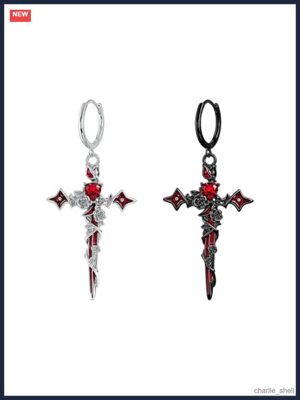 Gothic Cross Dagger Huggie Hoop Earrings Crystal Sword Drop Punk Rock Unisex